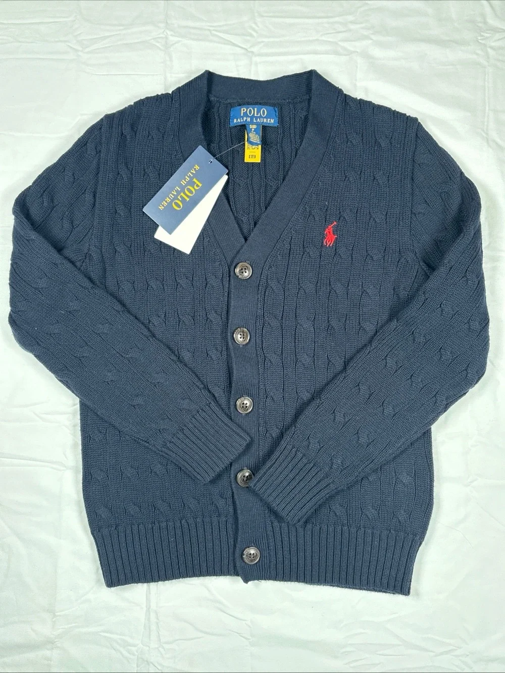 Polo by Ralph Lauren Boys Navy Cable-Knit Cardigan with Red Pony